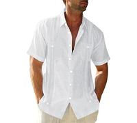 FENXIXIONE Mens Maniche Corte Guayabera Camicie Button Down Cubano Casual Camicie Messicane Estate Spiaggia Matrimonio Lino Top (Bianco,5XL)