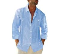 FENXIXIONE Mens Maniche Corte Guayabera Camicie Button Down Cubano Casual Camicie Messicane Estate Spiaggia Matrimonio Lino Top (Blu-c,5XL)