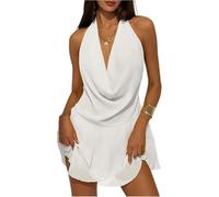 FENXIXIONE Mini Abito da Notte da Festa Sexy in Chiffon Aperto sul Retro con Scollo a V Profondo *****rlo a Volant da Donna (Bianco,S)