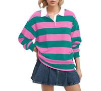 FENXIXIONE Polo da donna a maniche lunghe a righe con colletto oversize Y2k Pullover T Shirt Casual Loose Streetwear Rugby Felpa, Viola, L