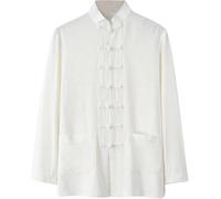 FENXIXIONE Tradizionale Manica lunga Tang Kung Fu Uniforme Uomo Camicia In lino Camicetta Retrò Colletto alla mandarina Bottoni Top (XXL,Bianco)
