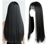 FENYW Lungo Dritto Parrucche Nere per le Donne con Frangia 72cm Natura Resistente al calore Fibra sintetica Parrucche, Parrucche Lunghe Nero per Donna, Parrucca Nera per il Partito Quotidiano Cosplay