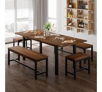 Feonase Set di 5 pezzi tavolo da pranzo per 4-8 persone, tavolo da cucina allungabile da 160 cm con 2 panche e 2 sgabelli quadrati, tavolo da pranzo moderno metà secolo in legno, salvaspazio, noce
