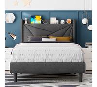 Feonase Struttura letto doppia, struttura letto imbottita con stazione di ricarica, testiera portaoggetti Wingback, senza bisogno di molle, silenziosa, grigio scuro