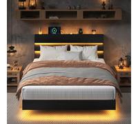 Feonase Struttura letto galleggiante Queen Size con luci a LED e stazione di ricarica, struttura letto matrimoniale in legno con testiera portaoggetti, doghe in metallo resistente, senza bisogno di
