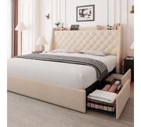Feonase Struttura per letto king size con 4 cassetti, letto imbottito con stazione di ricarica, testiera trapuntata con schienale alare, senza bisogno di molle, beige