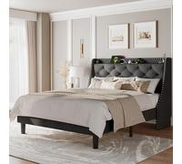 Feonase Struttura per letto queen size con schienale alare di lusso e stazione di ricarica rapida, testiera imbottita trapuntata con bottoni, letto queen size, robusto supporto a doghe in legno, senza