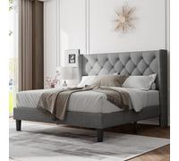 Feonase Struttura per letto queen size con testiera imbottita con schienale alare, piattaforma e supporto a doghe in legno resistente, facile da montare, silenziosa, senza bisogno di molle, grigio