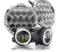 Feoosvx Fari Per Auto Per Jeep Per Wrangler JK JKU Per Rubicon Per Sahara 2007-2018 Auto 75W Rotondo 7 "Fari A LED + 4" Led Fendinebbia Halo Paraurti Anteriore Set Luci(Chrome)