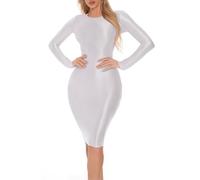 FEOYA Abiti Donna Sexy Aderente Abiti Lucidi Glossy Matita Abito Vita Aderente Maniche Lunghe per Pole Dance Party Clubwear, bianco, XL