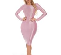 FEOYA Abiti Donna Sexy Aderente Abiti Lucidi Glossy Matita Abito Vita Aderente Maniche Lunghe per Pole Dance Party Clubwear, Rosa, XL
