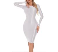 FEOYA Abito da donna, elegante, a maniche lunghe, sexy, per feste, feste, abito estivo attillato, con glitter, elegante, lucido, M-XL, bianco, M