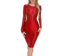FEOYA Abito da donna lucido bodycon abito sexy lucido, a maniche lunghe, abito avvolgente oleoso, lucido, per feste, clubwear M XL, Colore: rosso, XL