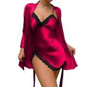 FEOYA Camicia da Notte in Raso Donna 2 Pack Camicia da Notte in Pizzo Sexy Babydoll Sleepshirt con Scollo a V Lingerie in Seta Accappatoio Rosso S