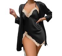 FEOYA Camicia da Notte in Raso Donna 2 Pack Camicia da Notte in Pizzo Sexy Babydoll Sleepshirt con Scollo a V Lingerie in Seta Accappatoio Nero M