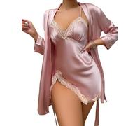 FEOYA Camicia da Notte in Raso Donna 2 Pack Camicia da Notte in Pizzo Sexy Babydoll Sleepshirt con Scollo a V Lingerie in Seta Accappatoio Rosa L