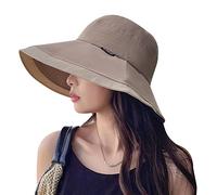FEOYA Cappello da sole piatto da donna, in cotone anti-UV, per escursionismo, spiaggia, largo, tempo libero, pieghevole, controvento, fiocco, taglia 56-58, Kaki-03, Taglia unica