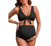 FEOYA - Costume da bagno bikini premaman a due pezzi, push-up, per gravidanza, spalline scoperte, imbottito, a vita alta, plissettato, XS-L, Nero , S