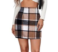 FEOYA Donna Elegante Plaid Mini Gonne a Quadri A-Line a Vita Alta Gonna Base Uniforme Plissettata L/38 Cachi