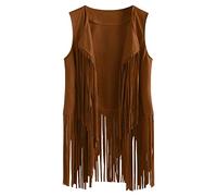 FEOYA Gilet da Donna con Frange Gilet Pelle Scamosciata Giacca Cappotto Senza Maniche Donna Gilets Nappa Hippie Corto Cardigan Finto Camoscio Khaki S Ecopelle Etnico Retro Moda