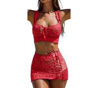 FEOYA Set di biancheria intima sexy da donna, 3 pezzi, trasparente, Babydoll Curvy Lingerie Set Pizzo Push Up Reggiseno Mini Gonna Slip Biancheria da notte, Colore: rosso, S