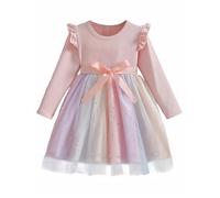FEOYA Vestito da battesimo per bambini, per feste, colorato, da principessa, per adolescenti, da sera, per la scuola, per l'autunno, per il matrimonio, arcobaleno, gonna in tulle, a maniche lunghe