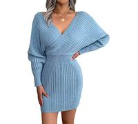 FEOYA Vestito Maglione Donna Invernale Abito Maglia Manica Lunga Pipistrello Autunno Vestito in Maglia Corto Mini Scollo a V Abito Jersey Avvolgente Bodycon Tubino Costine Sexy Casual Primavera Blu M