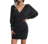 FEOYA Vestito Maglione Donna Invernale Abito Maglia Manica Lunga Pipistrello Autunno Vestito in Maglia Corto Mini scollo a V Abito Jersey Avvolgente Bodycon Tubino Costine Sexy Casual Primavera Nero S