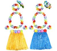 FEPITO 2 Set Hawaiian Grass Hula Gonna con fiore Leis Collana Fascia bracciali Dress Costume Set per Donna Luau Hawaiian Dance Skirt Party Favors