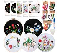 FEPITO 5 Set Ricamo Starter Kit con Motivo e Istruzioni Kit Punto Croce Compresi 5 Pezzi Ricamo Vestiti con Motivo Floreale, 2 Pezzi Ricamo Cerchi in Plastica, Kit Aghi Fili Colorati