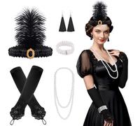 FEPITO 8 Pezzi Flapper Anni '20 Grande Gatsby Accessori Set Moda ruggenti Anni '20 Set con fascia per capelli Guanti lunghi neri Collana Orecchini per donna（Set D）
