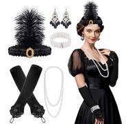 FEPITO 8 Pezzi Flapper Anni '20 Grande Gatsby Set di Accessori Moda ruggenti Anni '20 Set con Fascia per Capelli Guanti Lunghi Neri Collana Orecchini per Donna (Set E)