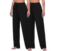 FEQO 2 Pack Pantaloni da Yoga da Donna Lounge Pantaloni del Pigiama a Vita Alta Allungabile a Gambe Larghe (Nero, M)