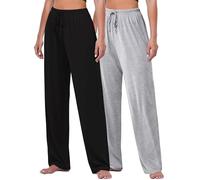 FEQO 2 Pack Pantaloni da Yoga da Donna Lounge Pantaloni del Pigiama a Vita Alta Allungabile a Gambe Larghe (Nero, Grigio, XL)
