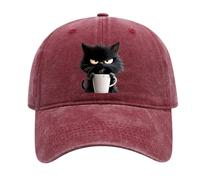Feral But Fashionable - Cat Hat Edition, Grumpy Cat Coffee cap, Adjustable Frownster Cat Hat, Lightweight And Breathable (Wine Red)