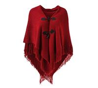 Ferand Poncho da Donna con Apertura sul Davanti Scialle a Mantella con Frange per l'autunno Inverno 2023 - Taglia unica - Rosso