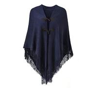 Ferand Poncho da Donna con Apertura sul Davanti Scialle a Mantella con Frange per l'autunno Inverno 2023 - Taglia Unica - Blu Navy