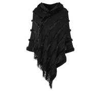 Ferand Poncho da donna con cappuccio, caldo poncho invernale, mantello a righe con frange, elegante, bianco, Nero , Taglia unica