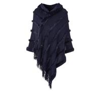 Ferand Poncho da donna con cappuccio, caldo poncho invernale, mantello a righe con frange, elegante, bianco, blu navy, Taglia unica