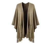 Ferand Poncho da donna con parte anteriore aperta e tasche, morbido berretto a maglia con frange per autunno inverno, cachi, Taglia unica