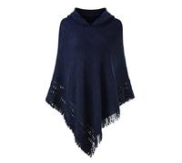 Ferand Poncho da Donna Mantella con Cappuccio e Orlo Sfrangiato - Taglia Unica - Blu Navy
