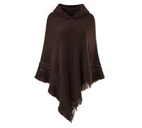 Ferand Poncho da Donna Mantella con Cappuccio e Orlo Sfrangiato - Taglia Unica - caffè