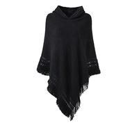 Ferand Poncho da Donna Mantella con Cappuccio e Orlo Sfrangiato - Taglia Unica - Nero