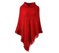 Ferand Poncho da Donna Mantella con Cappuccio e Orlo Sfrangiato - Taglia Unica - Rosso