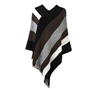 Ferand - Pullover Poncho Maglione da Donna con Frangia - Lavorato a Maglia, Mantella, Righe Grandi, Coprispalle Elegante - Taglia unica - Marrone e grigio