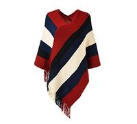 Ferand - Pullover Poncho Maglione da Donna con Frangia - Lavorato a Maglia, Mantella, Righe Grandi, Coprispalle Elegante - Taglia Unica - Rosso Nero
