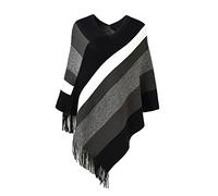 Ferand - Pullover Poncho Maglione da Donna con Frangia - Lavorato a Maglia, Mantella, Righe Grandi, Coprispalle Elegante - Taglia unica - Nero e grigio