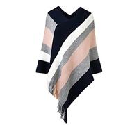Ferand - Pullover Poncho Maglione da Donna con Frangia - Lavorato a Maglia, Mantella, Righe Grandi, Coprispalle Elegante - Taglia Unica - Blu Navy e Rosa