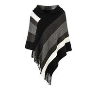 Ferand - Pullover Poncho Maglione da Donna con Frangia - Lavorato a Maglia, Mantella, Righe Grandi, Coprispalle Elegante - Taglia Unica - con Cappuccio: Nero e Grigio