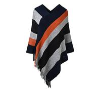 Ferand - Pullover Poncho Maglione da Donna con Frangia - Lavorato a Maglia, Mantella, Righe Grandi, Coprispalle Elegante - Taglia unica - Blu navy e nero
